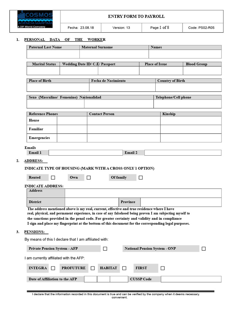 PS02-R05. Payroll Entry Form | PDF | Identity Document