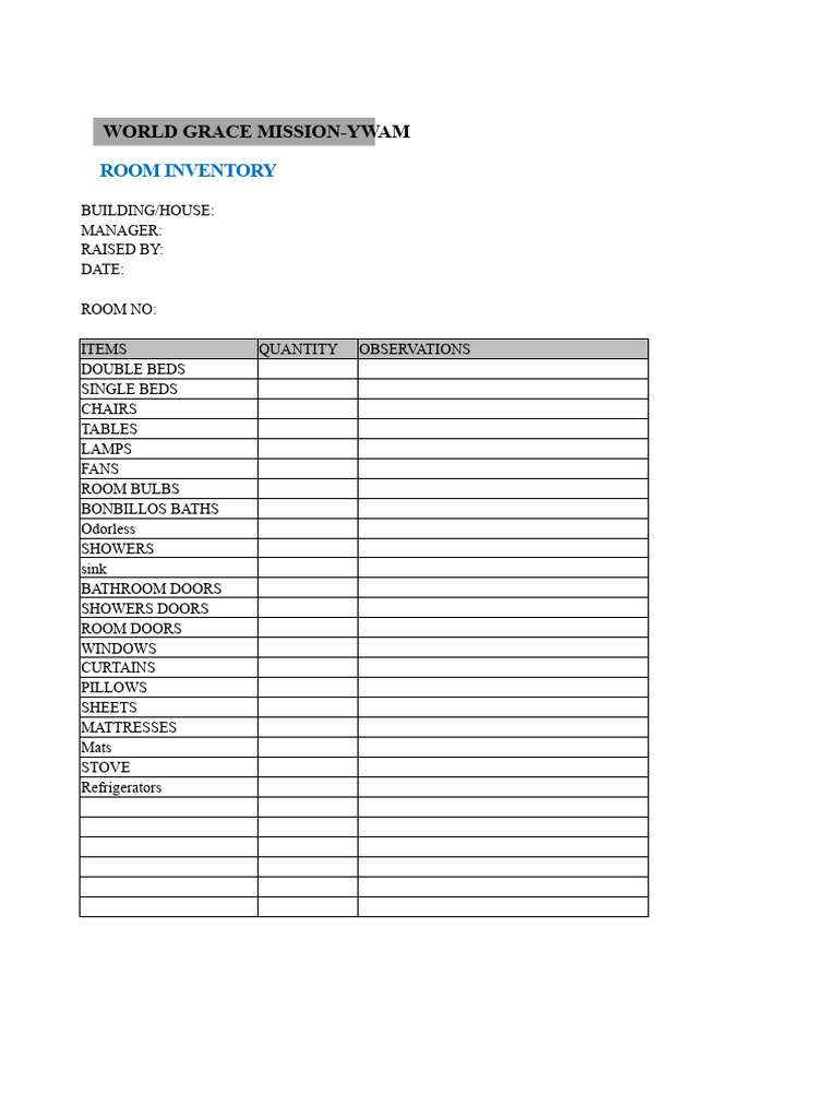 YWAM Room Inventory Checklist | PDF