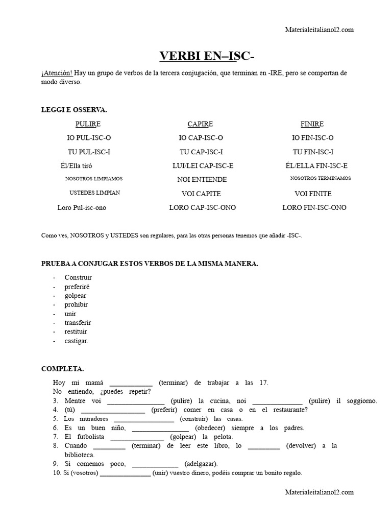 Verbos -ISC- en Italiano: Conjugación y Ejemplos | PDF