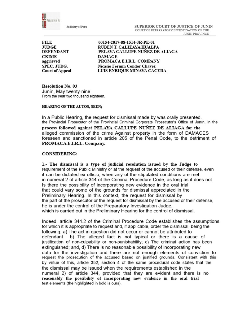 Exped. Resolution Unfounded Dismissal 00154-2017-88 | PDF | Prosecutor ...