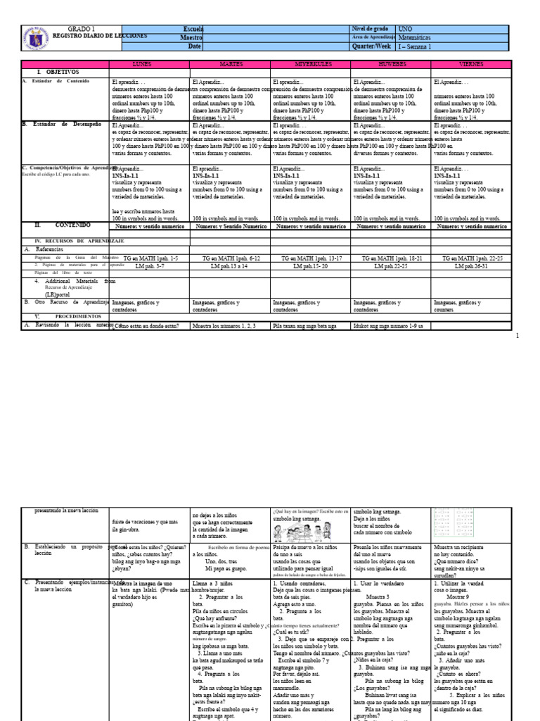Matematika1 Hiligaynon Pang-Adlaw Nga Leksyon Log Q1W1 | PDF