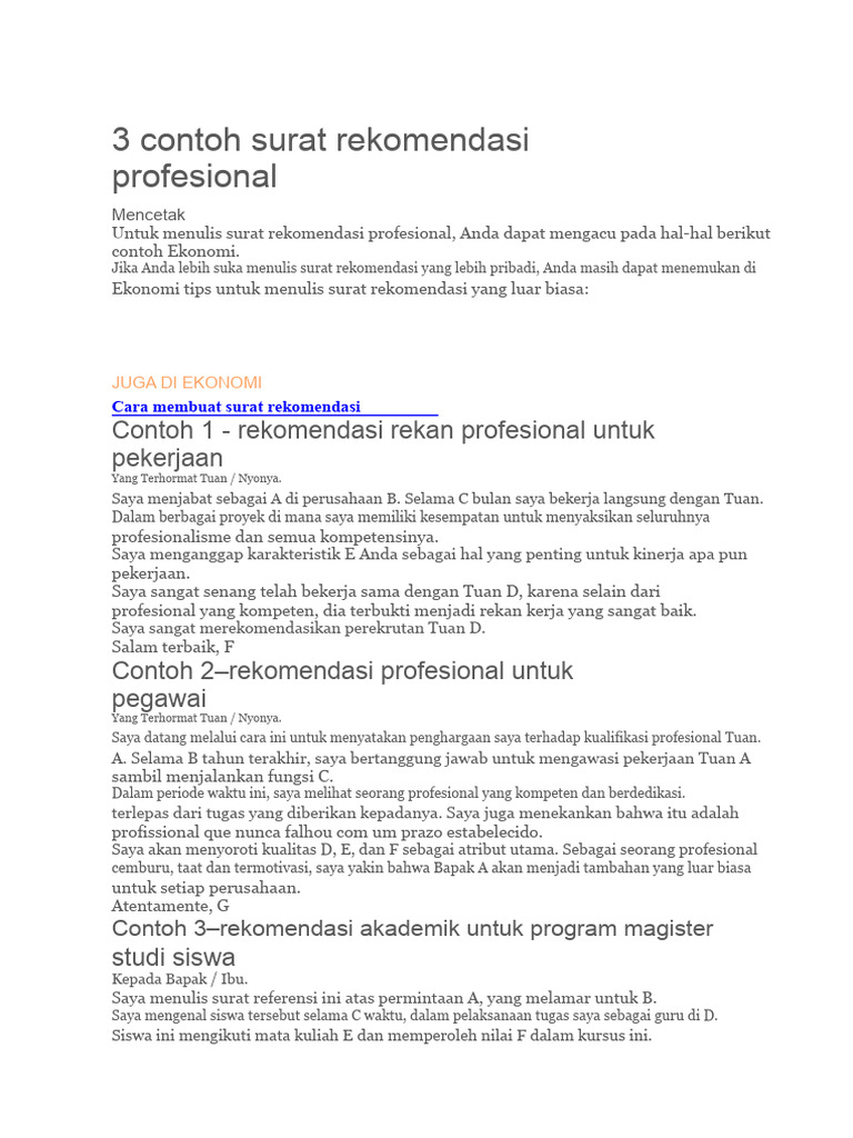 Contoh Surat Rekomendasi Profesional | PDF