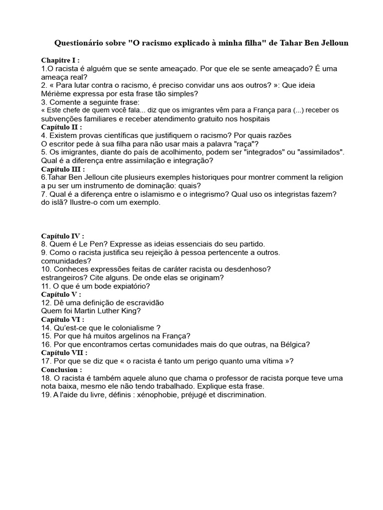 Questionário sobre Racismo e Integração | PDF