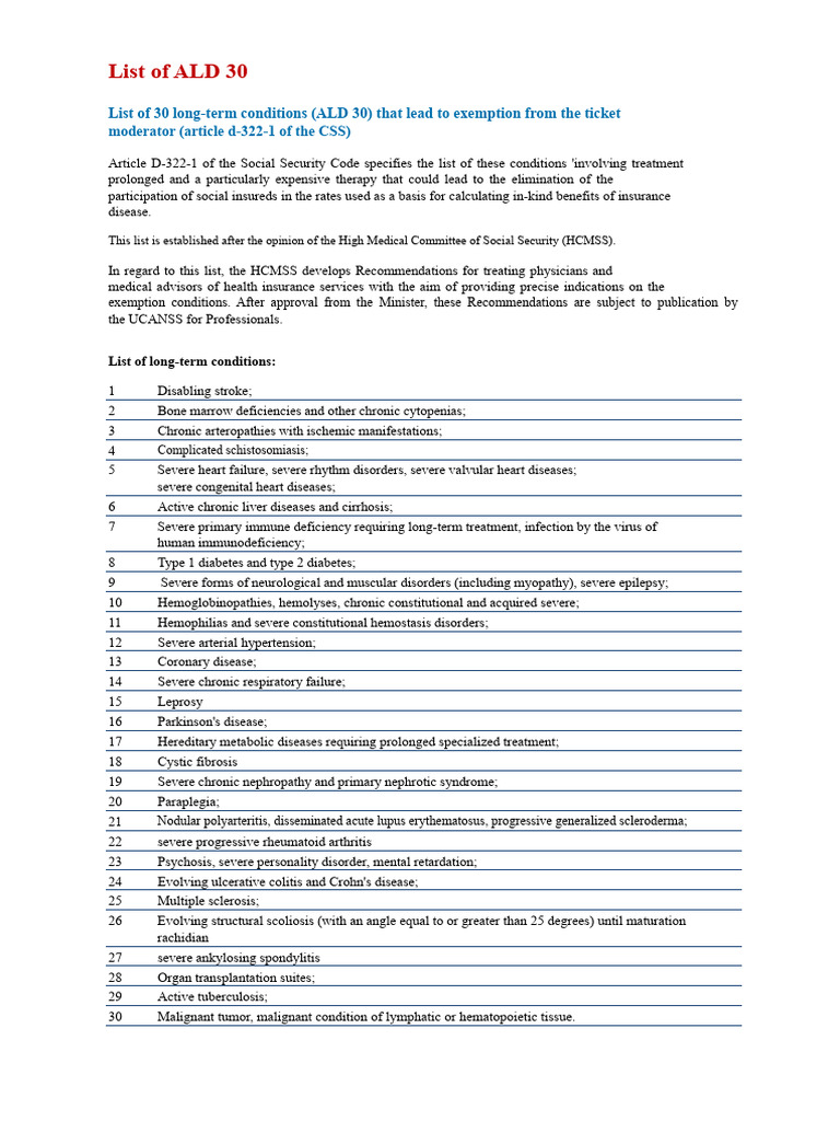 List of ALD 30 | PDF | Chronic Condition | Immunodeficiency
