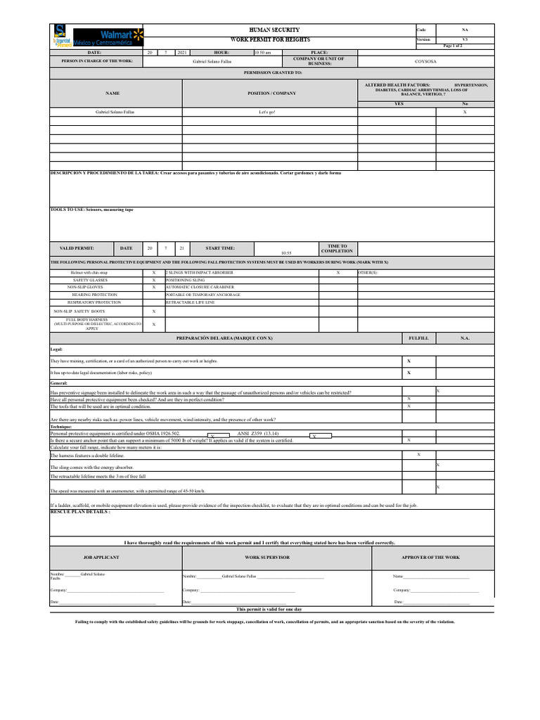 Work Permit for Heights Safety Checklist | PDF | Personal Protective ...