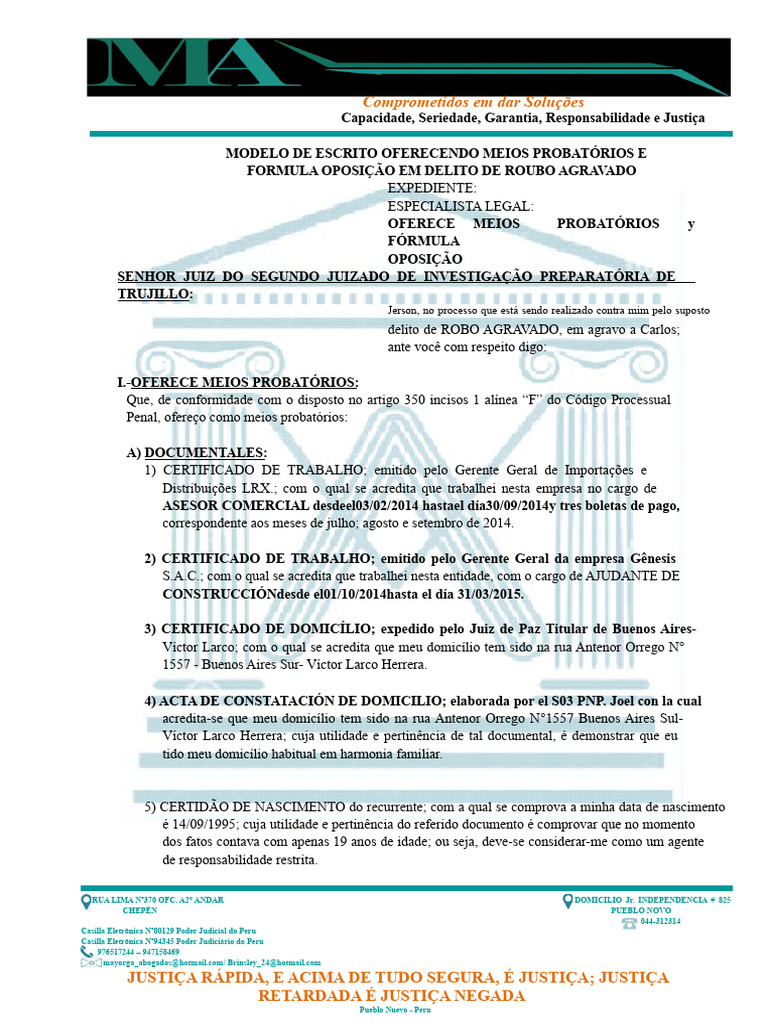Oposição e Meios Probatórios em Roubo | PDF | Direito Público | Justiça