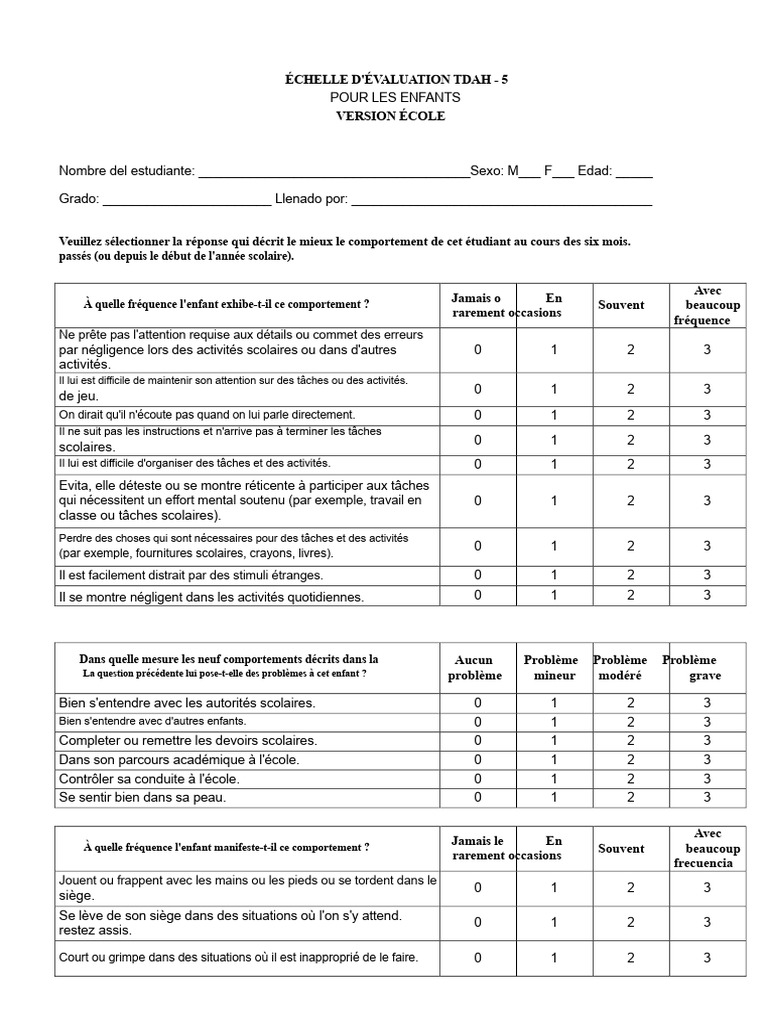 Échelle D'évaluation Du TDAH - Adolescents | PDF