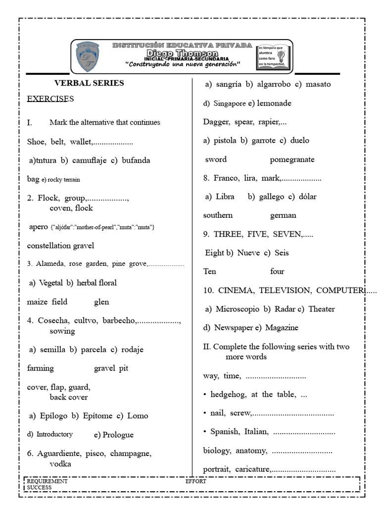 Verbal Series - Practice - 1st Year of Secondary School | PDF