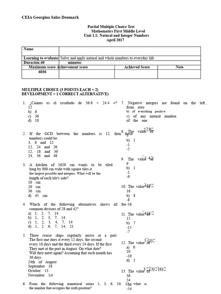 Partial Test Integer Numbers | PDF | Multiple Choice | Number Theory