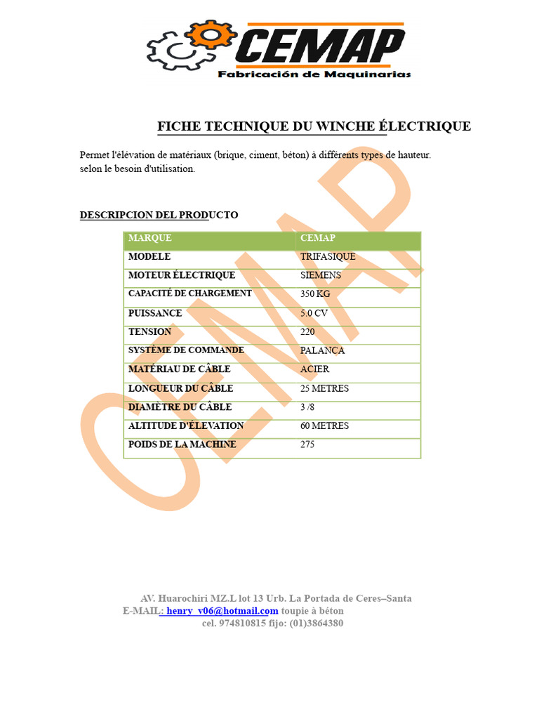 Winch Électrique CEMAP 350 kg - Fiche Technique | PDF
