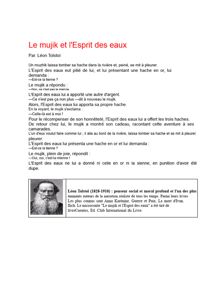 Le mujik et l'Esprit des eaux : fable morale | PDF