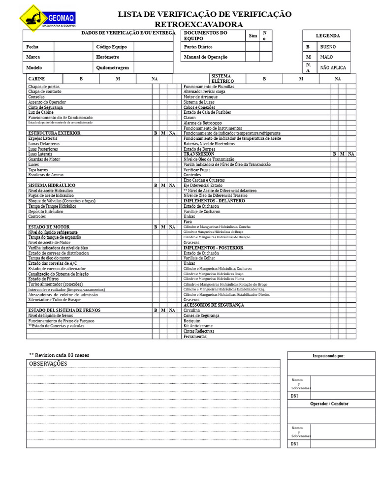 Checklist de Inspeção Retroescavadora | PDF | Motores
