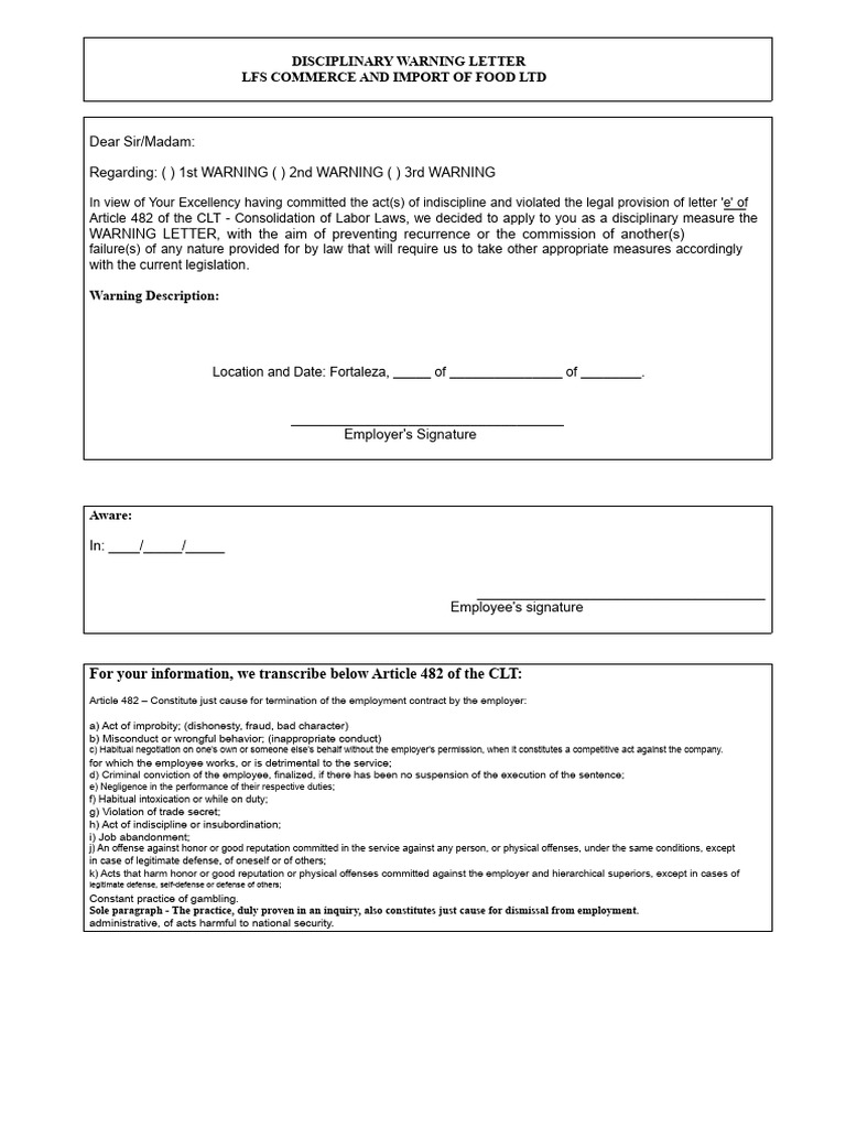 Disciplinary Warning Letter Template | PDF | Employment | Negligence