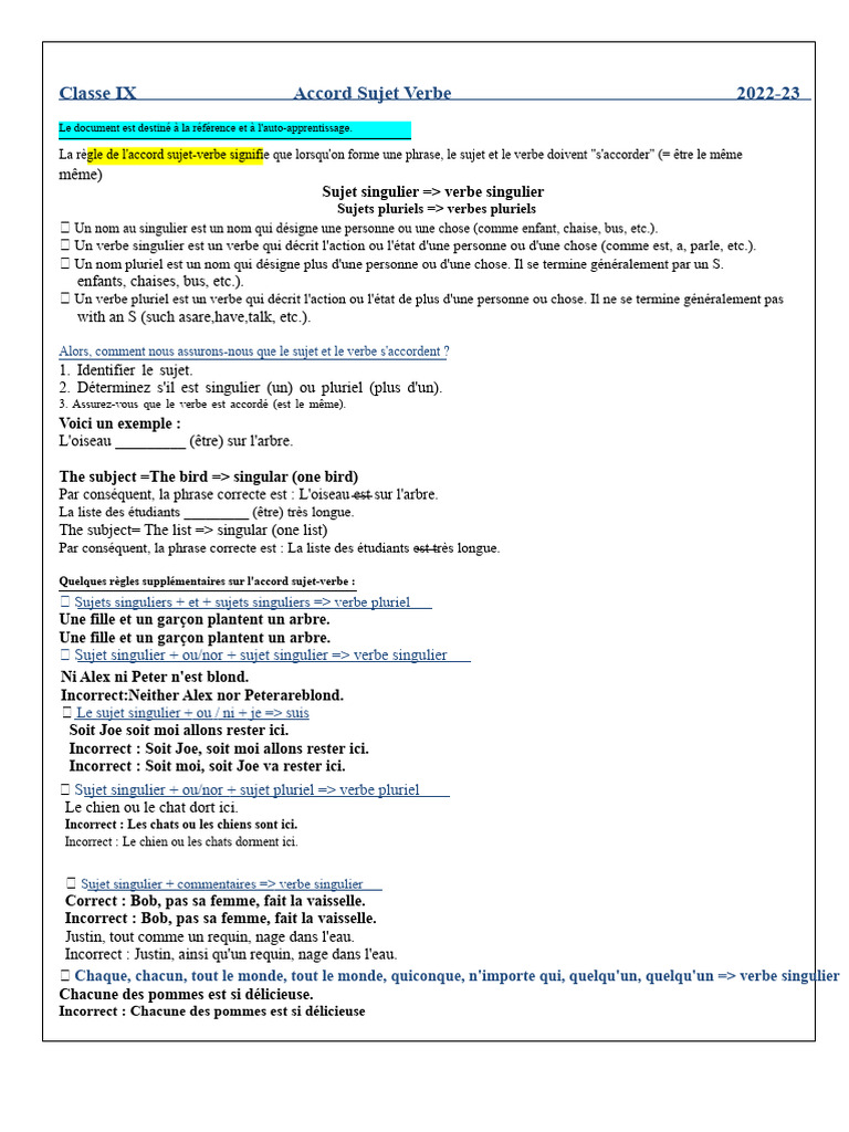 Classe IX - Fiche de Travail - Accord Entre Le Sujet Et Le Verbe | PDF ...