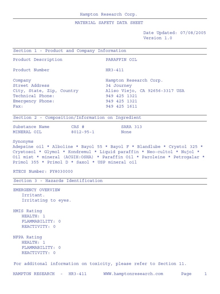 MSDS Paraffin Oil Personal Protective Equipment Firefighting