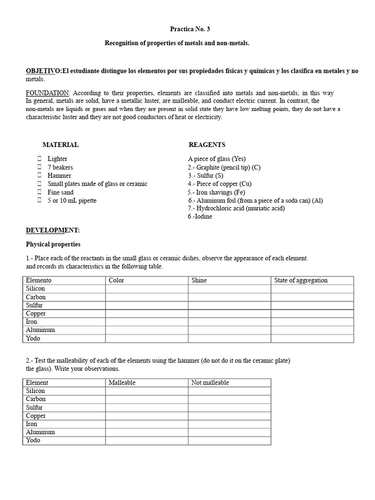 Practice Recognizing Properties of Metals and Nonmetals | PDF | Metals ...