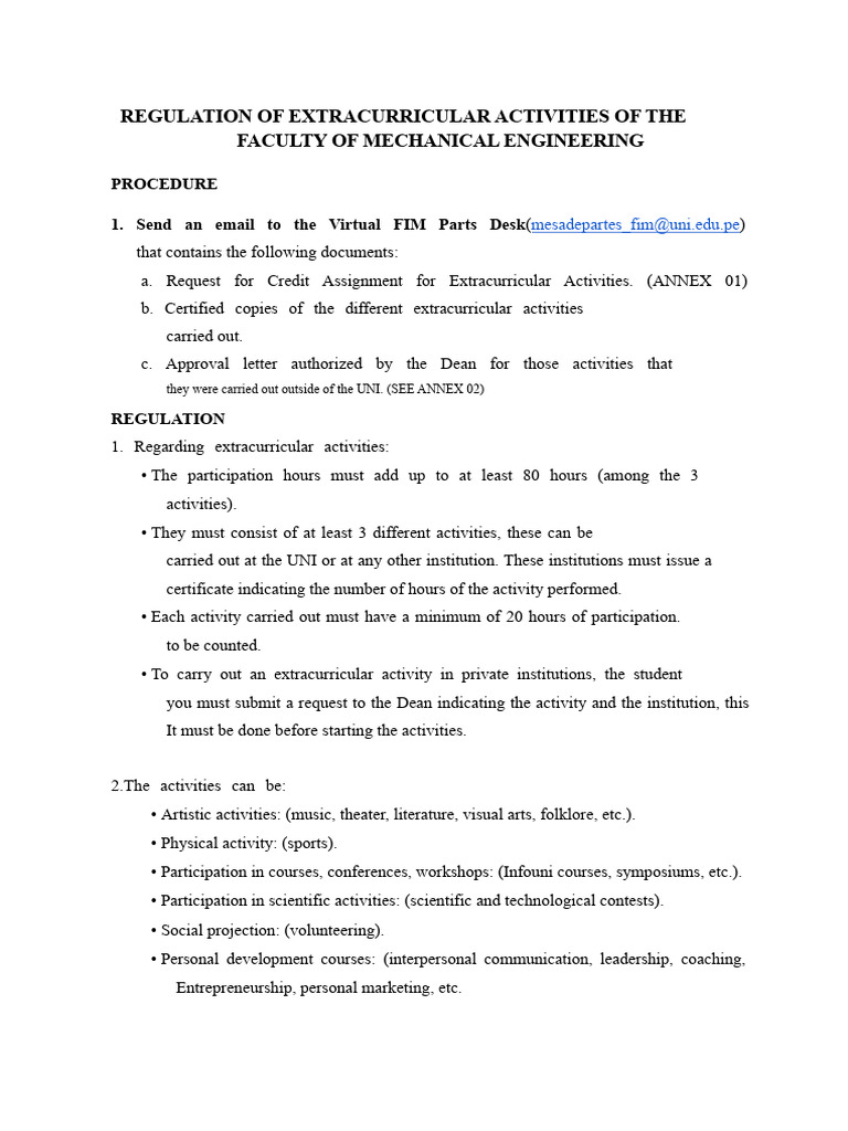 Extracurricular Activities Regulation FIM | PDF