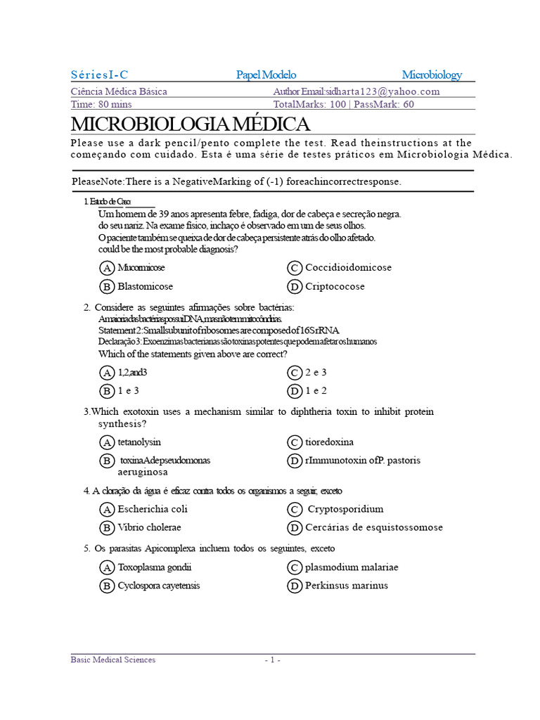 Prova de Microbiologia Médica: Questões e Diagnósticos | PDF | Vírus ...