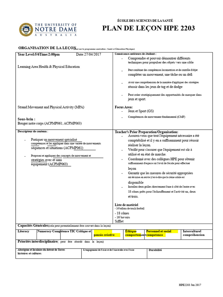 Plan de leçon HPE 2203 : Football Touch | PDF | Football | Défenseur ...
