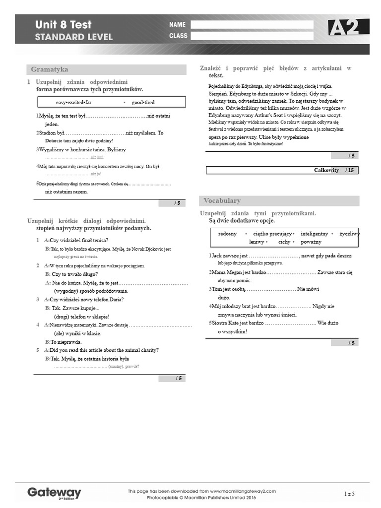Test Standardowy A2 UNIT 8 | PDF