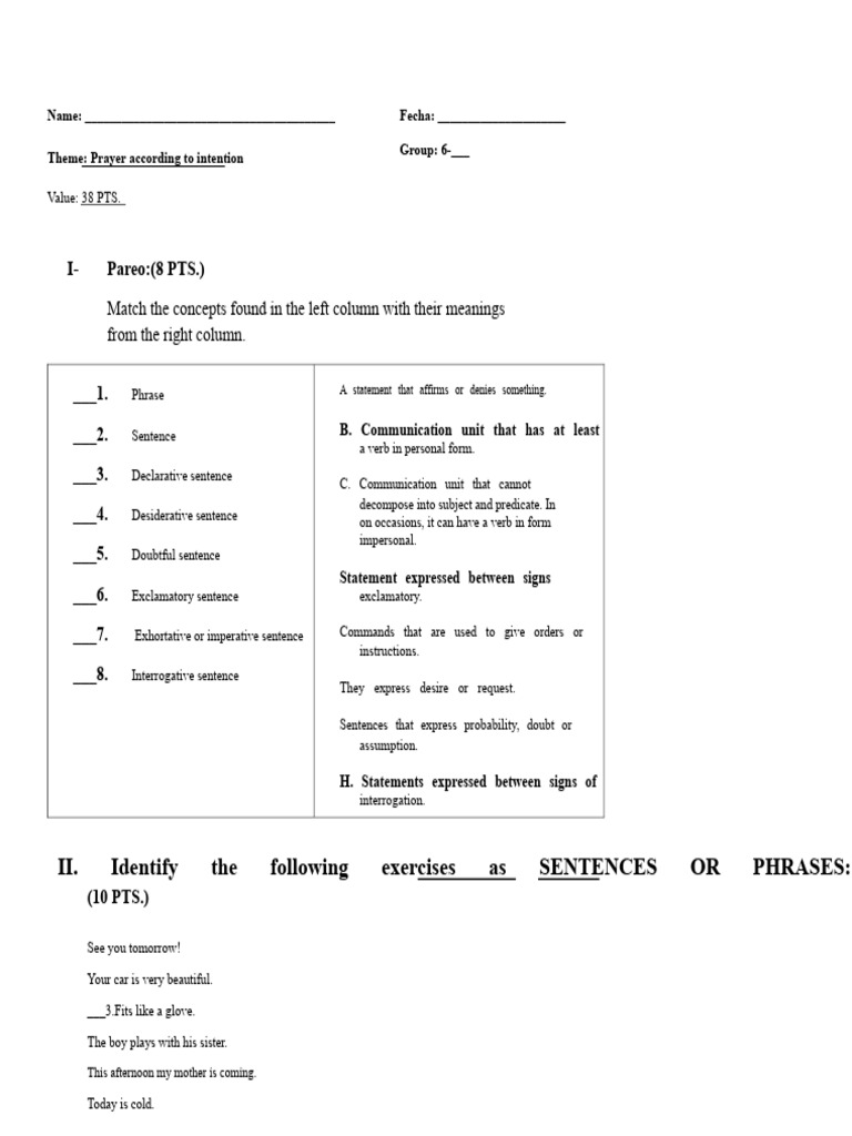 Sixth Grade Exam - The Sentence According To Intention | PDF | Sentence ...