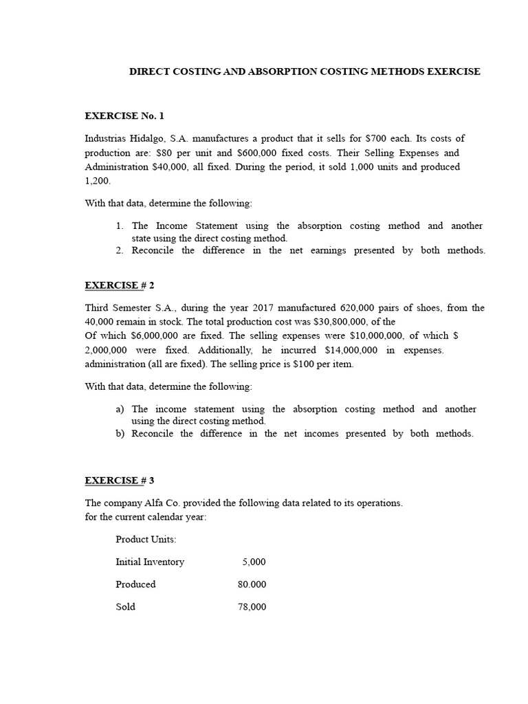 Exercise On Direct Costing Methods and Absorption Costing | PDF | Cost ...