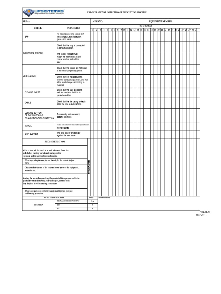 Cutting Machine Pre-Operational Checklist | PDF | Switch | Personal ...