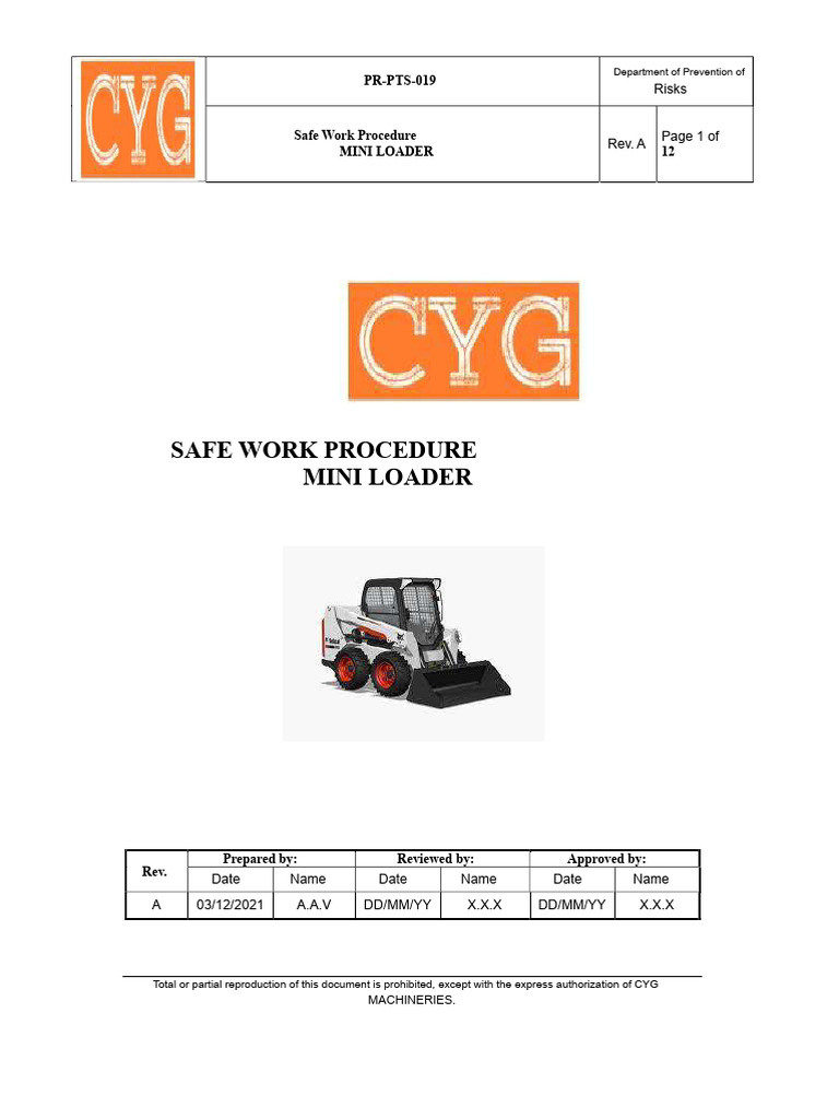 Mini Loader Safe Work Procedure Guide | PDF | Personal Protective ...
