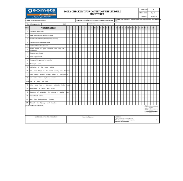 Daily Checklist for Helix Drill Inspection | PDF | Manufactured Goods ...