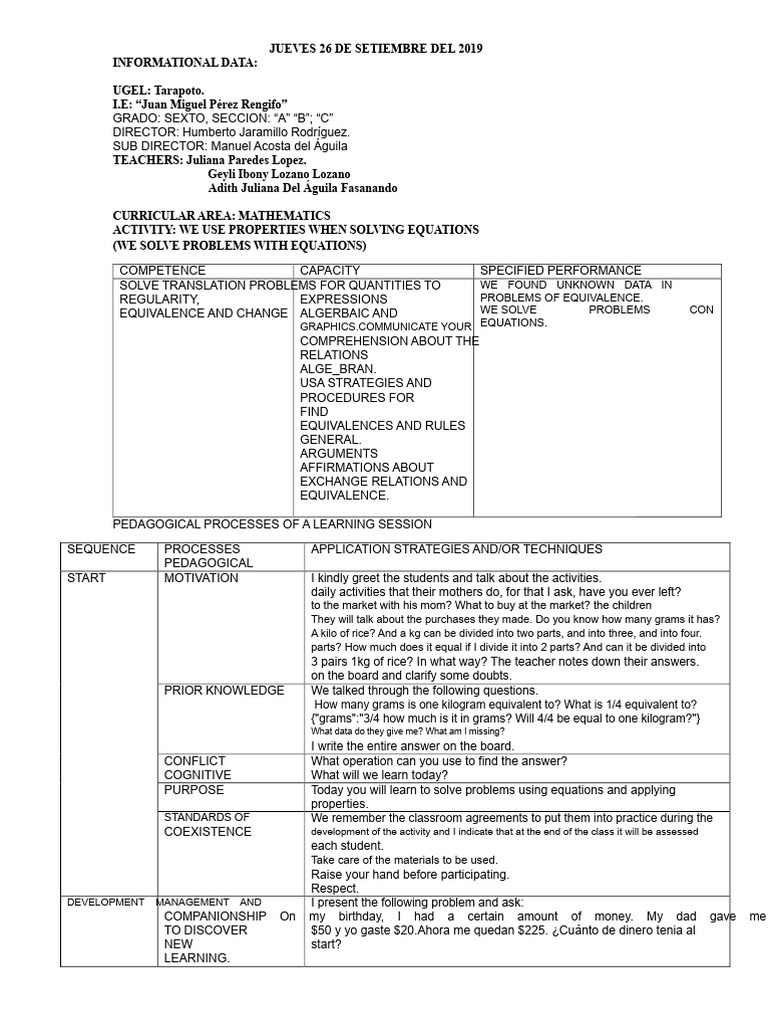 Mathematics Lesson Plan for Grade 6 | PDF | Equations | Teachers