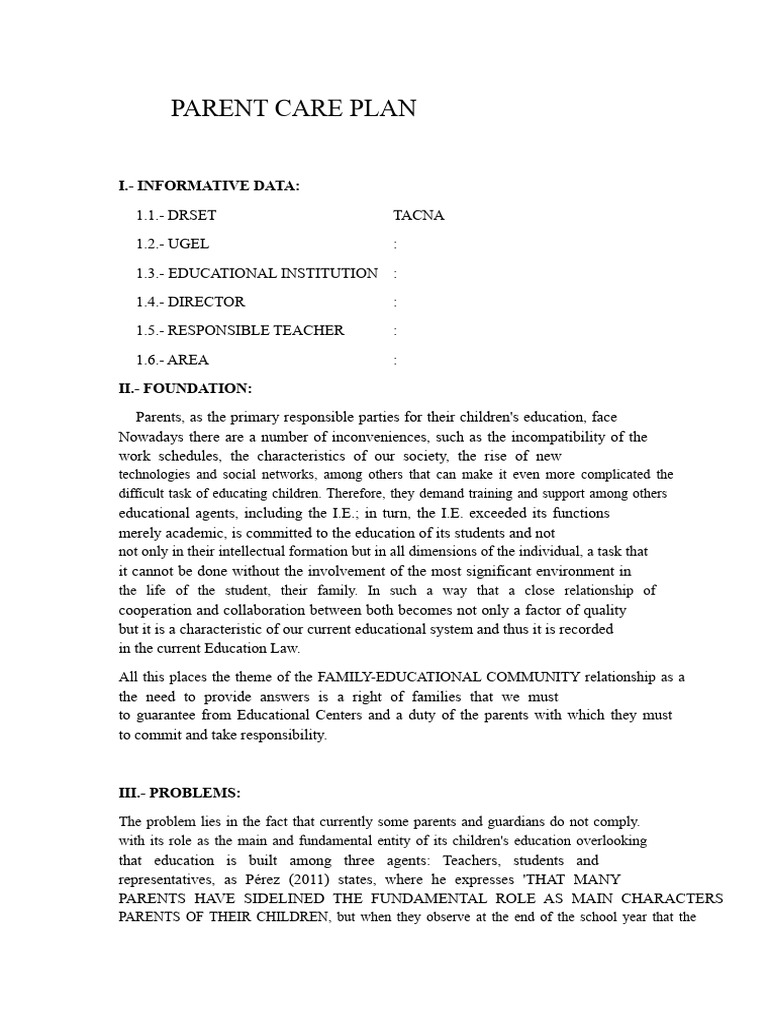 Parent Care Plan for Educational Support | PDF | Psychology ...