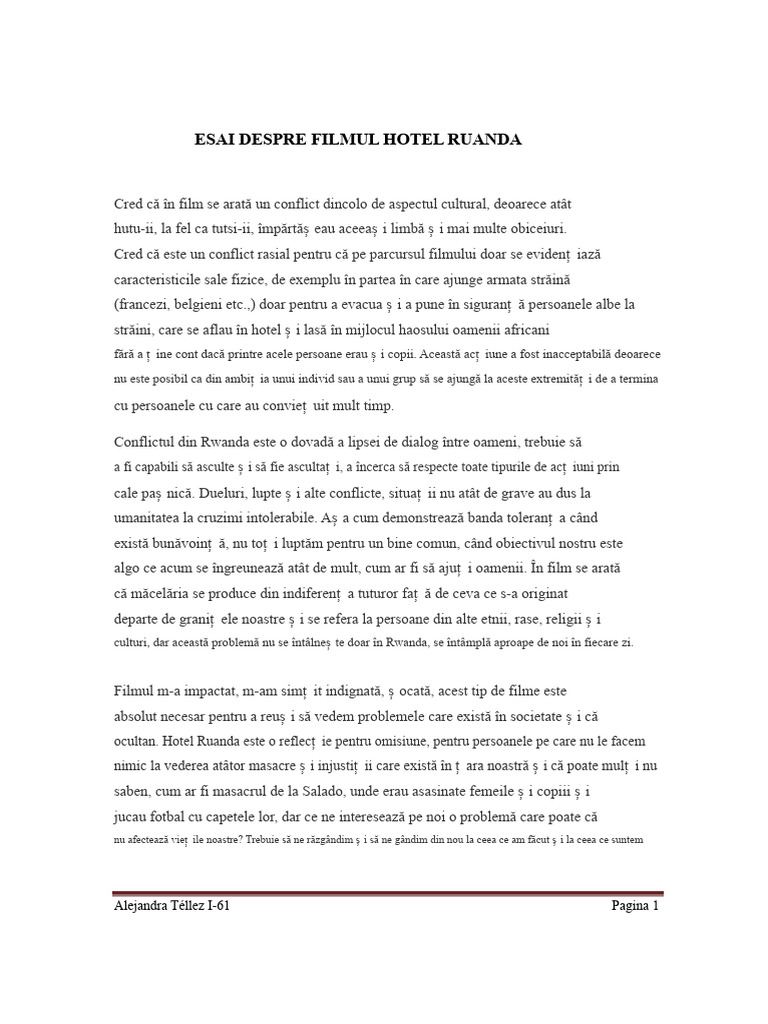 Eseu Despre Filmul Hotel Rwanda | PDF