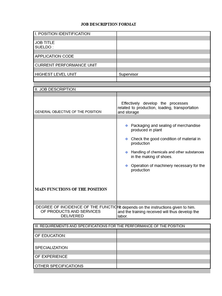 Job Description Format or Positions | PDF | Risk | Machines