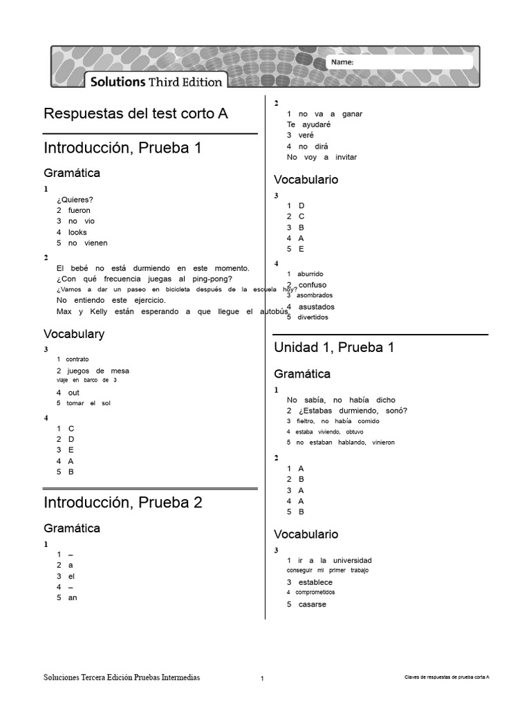 Sol3e Int Short Test Answer Keys A PDF | PDF