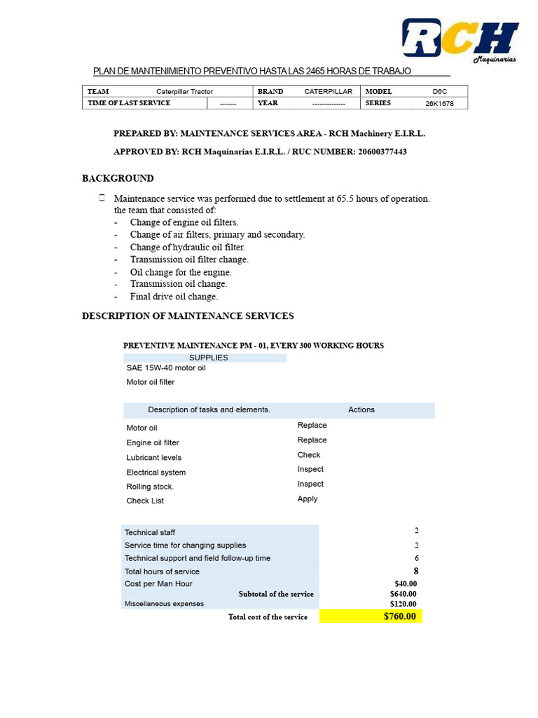 Preventive Maintenance Plan for D6C Tractor | PDF | Motor Oil | Engines