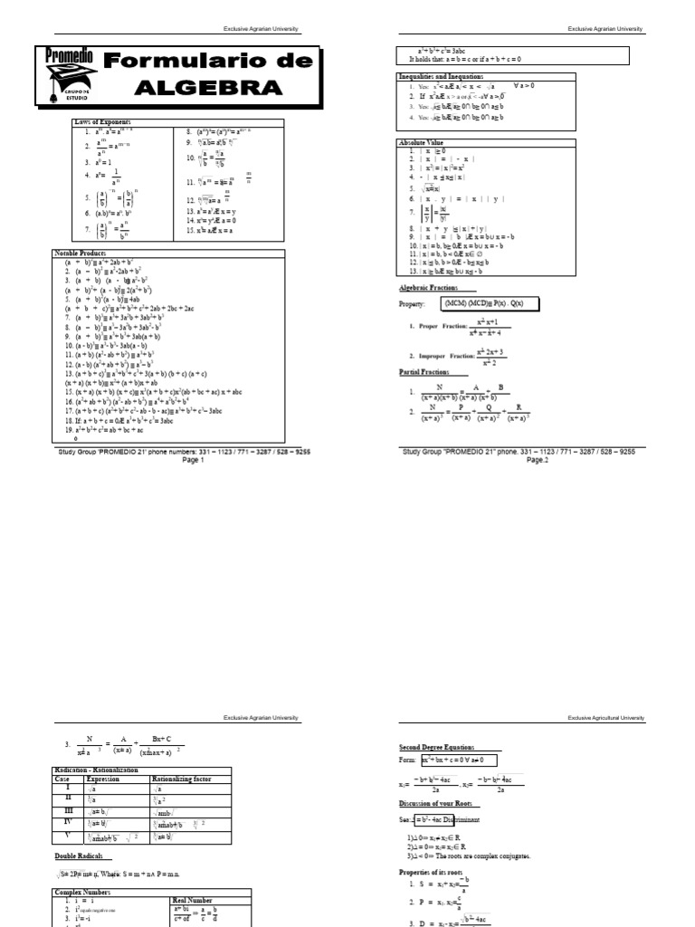 Agrarian University Math Concepts Guide | PDF | Algebra | Equations