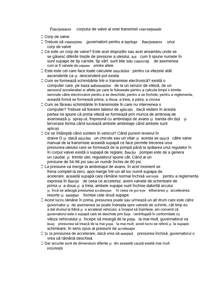 Funcționarea Corpului de Supape Al Unei Transmisii Convenționale | PDF