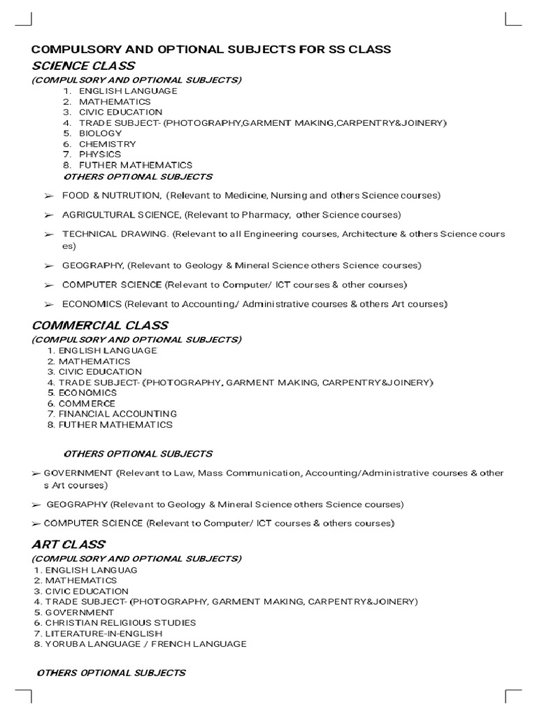 Compulsory and Optional Subjects For Ss Class - 122258 - Phoenix | PDF