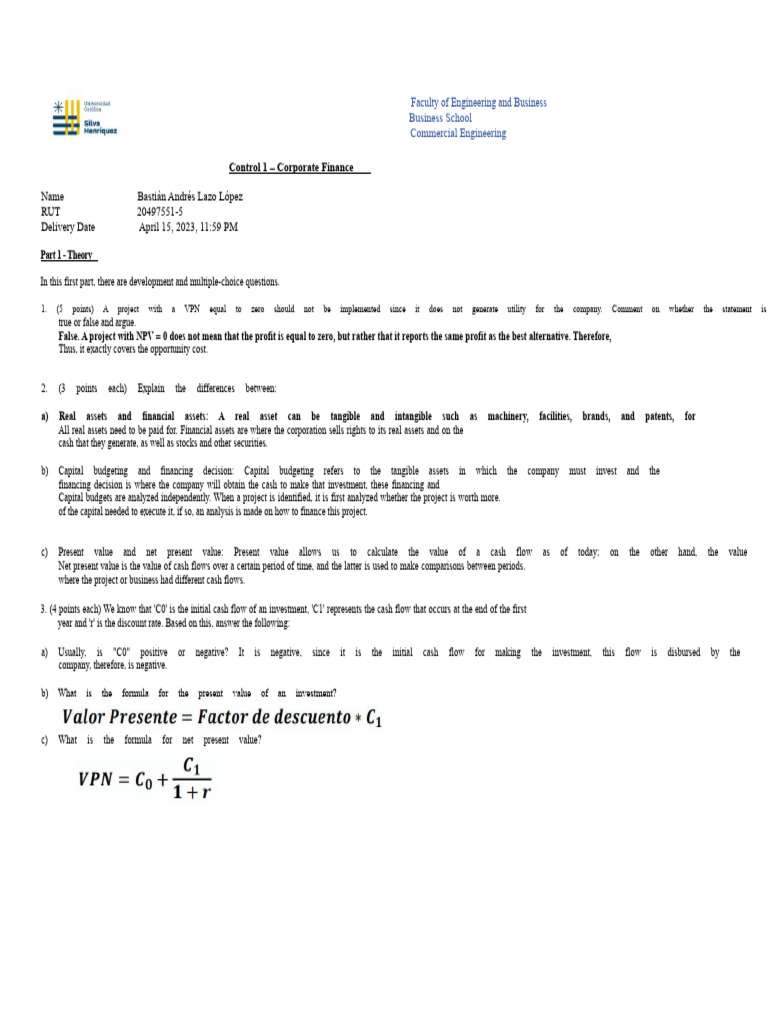 Corporate Finance Theory and Exercises | PDF | Net Present Value ...
