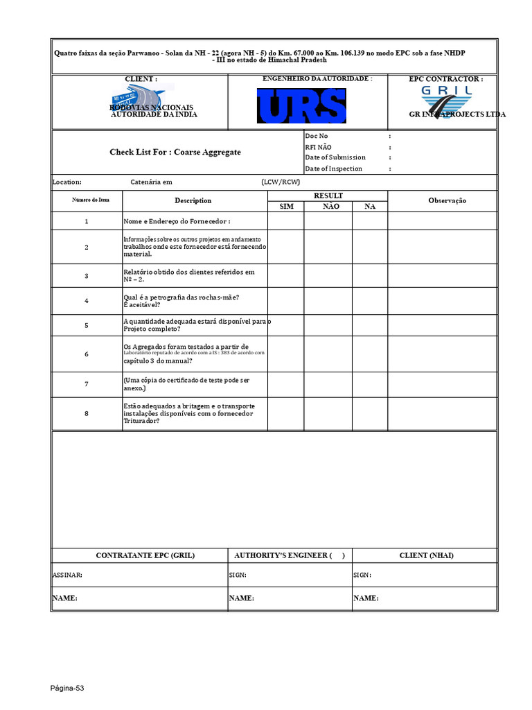 Checklist de Inspeção EPC NH-5 Himachal | PDF | Concreto | Engenharia