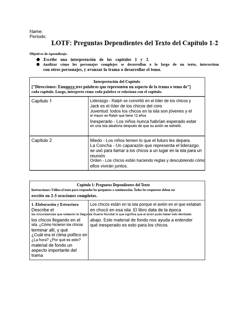 Análisis de Personajes en LOTF Capítulos 1-2 | PDF