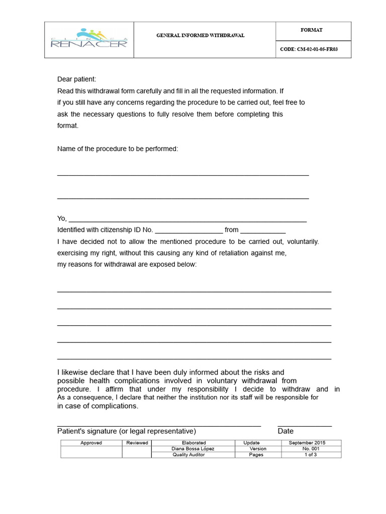 Informed Withdrawal Form Template | PDF | Patient | Health Care