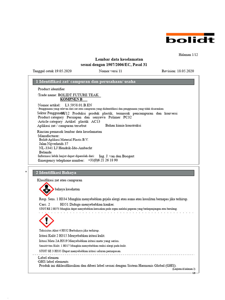 Lembar Data Keselamatan Bolidt Future Teak | PDF