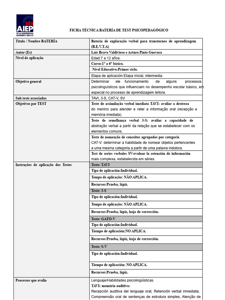 FICHA TÉCNICA DO TESTE BEVTA Rosa Cuyul | PDF | Aprendizado | Memória