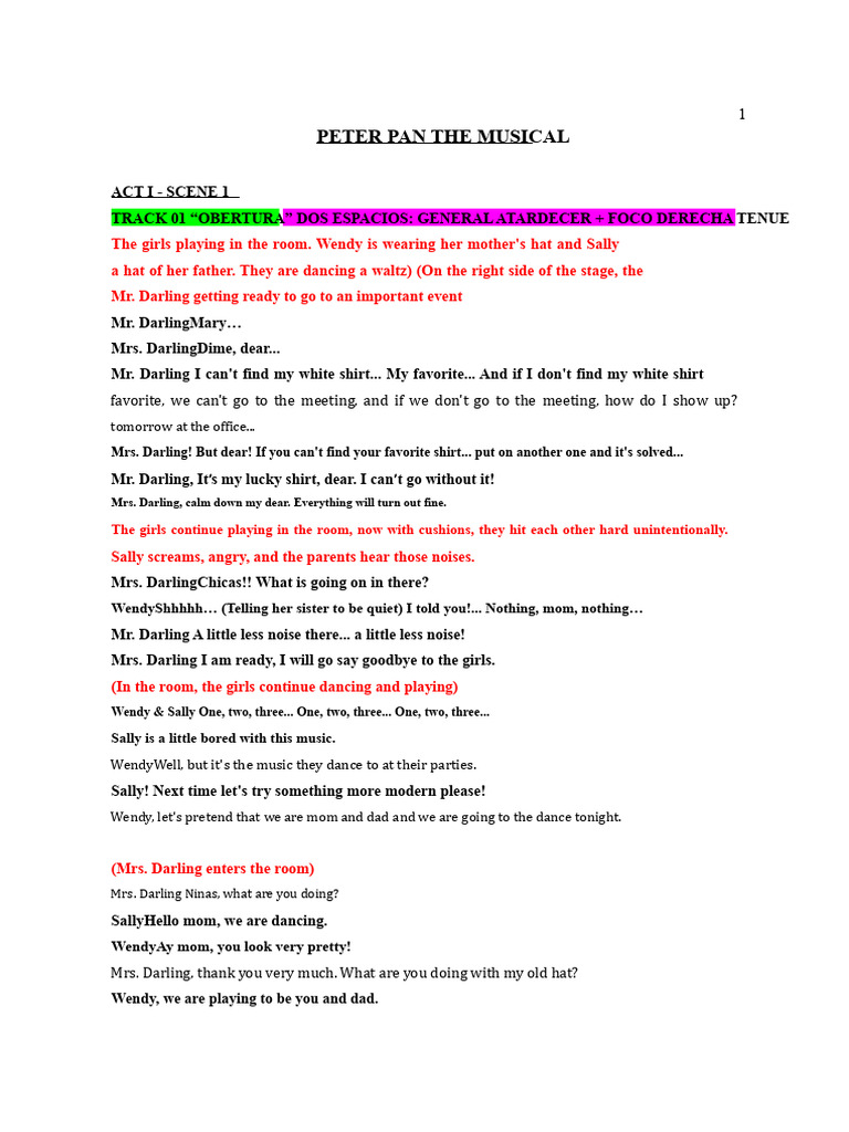 Peter Pan Musical Act I Scene 1 Script | PDF | Peter Pan | Wendy Darling