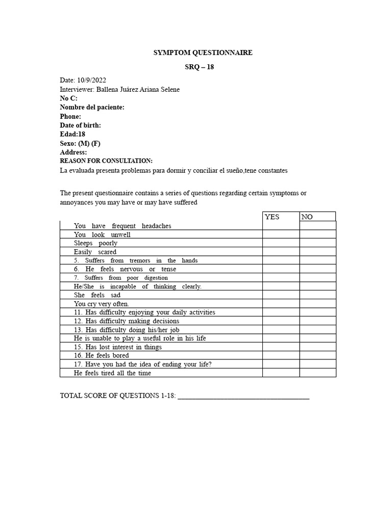 Symptom Questionnaire for Mental Health | PDF