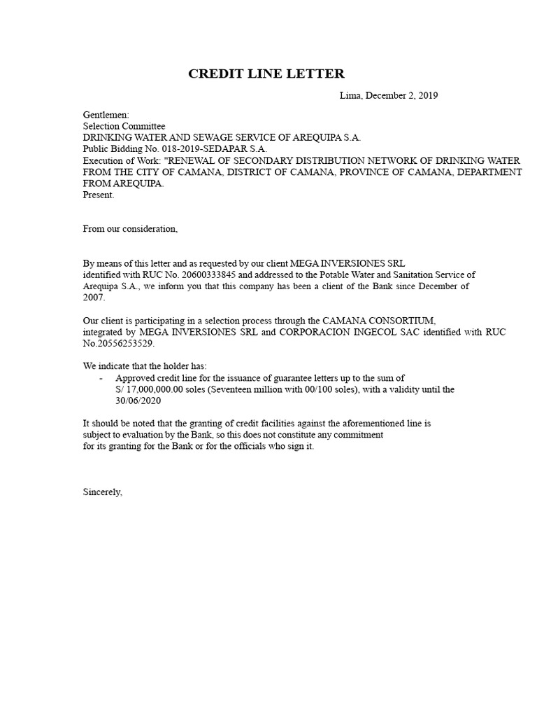 Credit Line Letter Ingecol | PDF