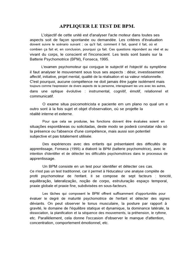 Test de BPM : Évaluation psychomotrice | PDF | Pied | Membres (anatomie)