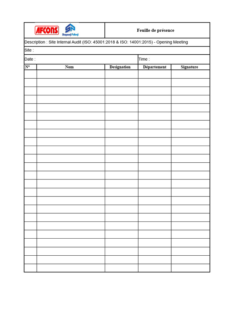 Feuille De Pr sence R union D ouverture ISO PDF