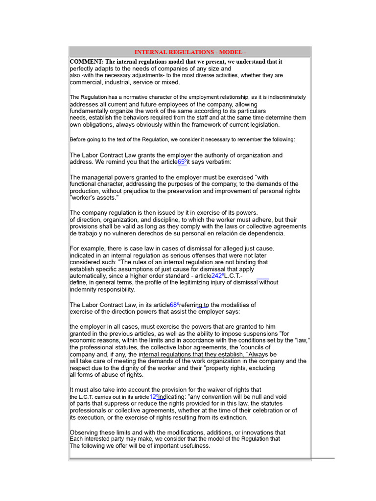 Internal Regulations Model for Companies | PDF | Salary | Employment